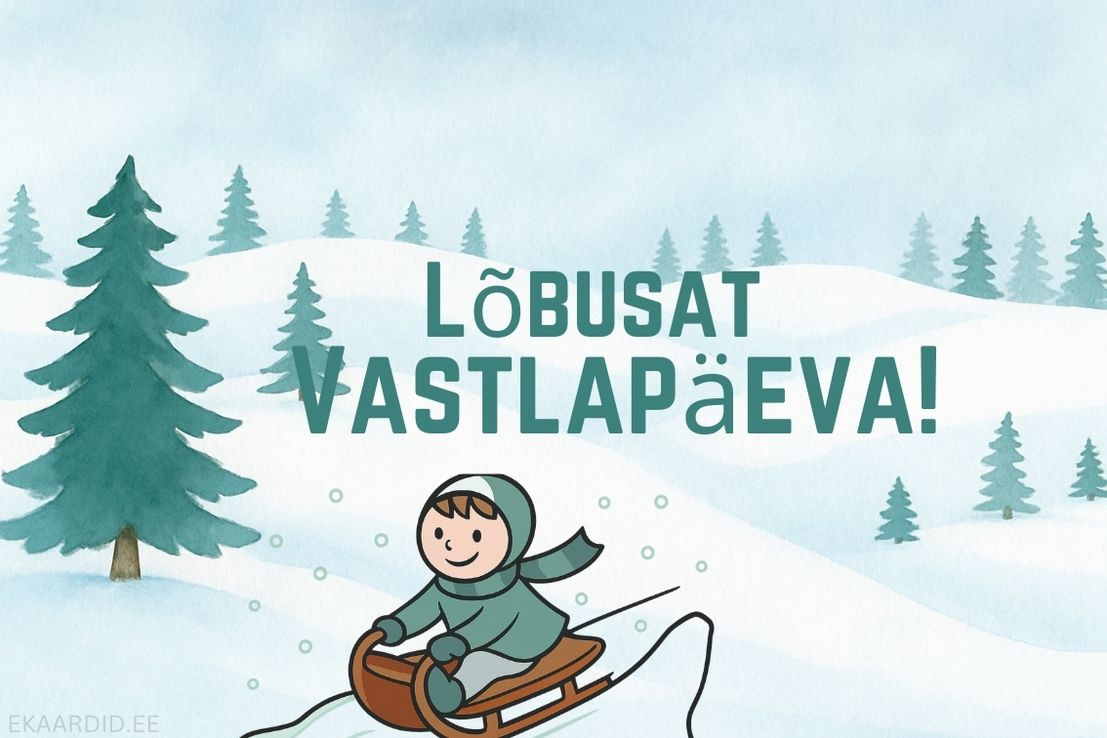 Lõbus vastlapäevakaart kelgutava lapsega