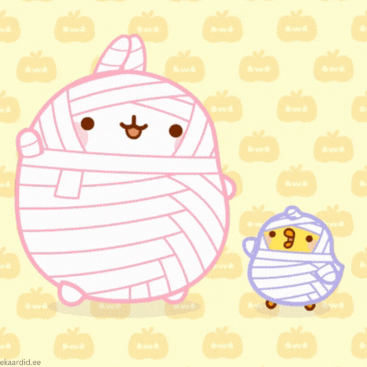 Halloweeni GIF kaart armaste mummifiguretega