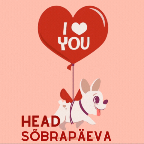 Sõbrapäeva GIF kaart koeraga ja südamekujulise õhupalliga